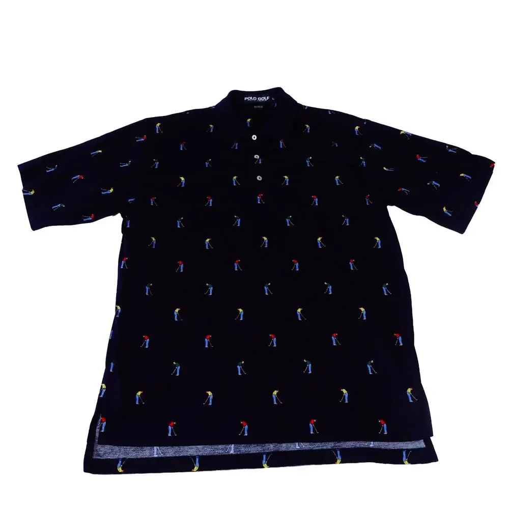Ralph Lauren Vintage Hong Kong 90s Golfer Geometric Print Golf Polo Shirt Large